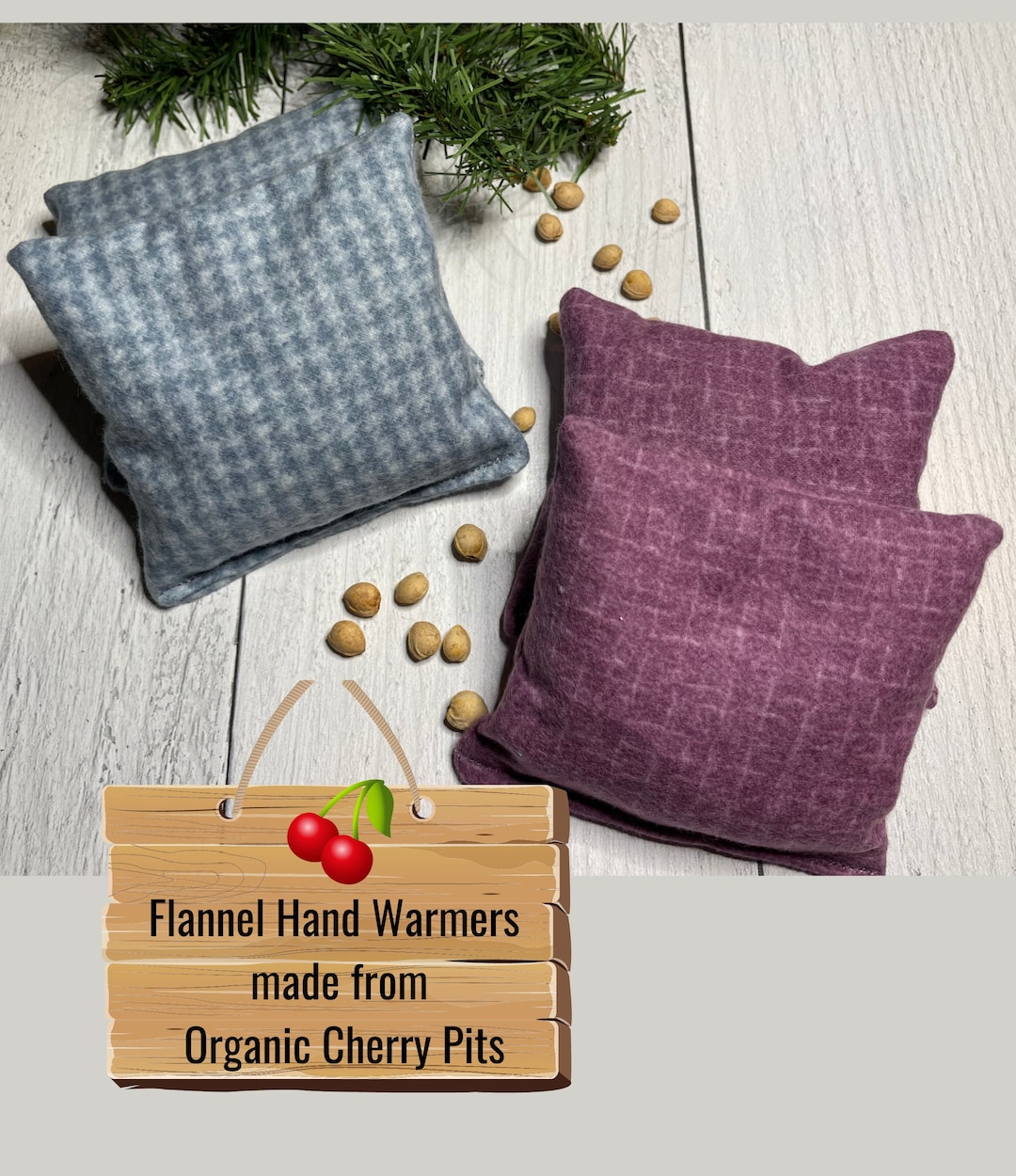 Set of Two Flannel Hand Warmers, Natural Organic Dried Cherry Pit Hand