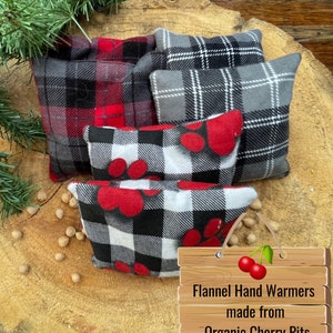 Set of Two Flannel Hand Warmers, Natural Organic Dried Cherry Pit Hand Warmers, Mens Stocking Stuffer, Reusable Washable Flannel Hand Pads