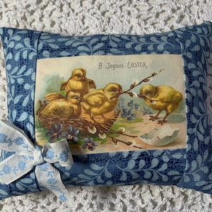 Vintage Shabby Chic Easter Spring Chicks Pillow Blue French Country Cottage Decor Easter Pillow Small Farmhouse Blue Easter Chicks Pillow