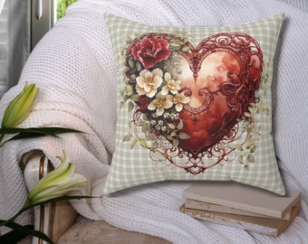 Farmhouse Country Cottage Sage Green Valentine's Day Pillow Red heart pillow, Valentine Pillows, Heart Throw Pillow, Valentine Home Decor