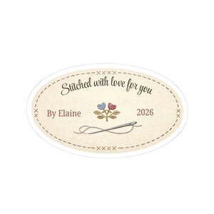 Pegatina de bordado personalizada, "Cosida con amor", etiqueta de acabado hecha a mano para enmarcar recuerdos de bordado. imagen 5