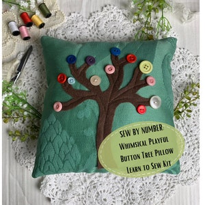 SEW BY NUMBER Learn to Sew Kit, Whimsical Playful Button Tree Pillow Beginner Sewing Kit, Kids Sewing Kit, Montessori Sewing Kit