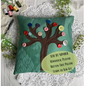 Learn to Sew Kit for Kids Ages 8 and Up Whimsical Playful Button Tree Pillow Beginner Sewing Kit Children Craft Gift Montessori Sewing Kit