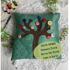 SEW BY NUMBER Learn to Sew Kit, Whimsical Playful Button Tree Pillow Beginner Sewing Kit, Kids Sewing Kit, Montessori Sewing Kit