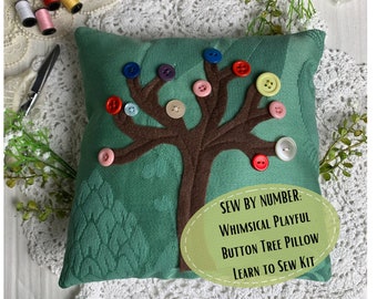 Learn to Sew Kit for Kids Ages 8 and Up Whimsical Playful Button Tree Pillow Beginner Sewing Kit Children Craft Gift Montessori Sewing Kit