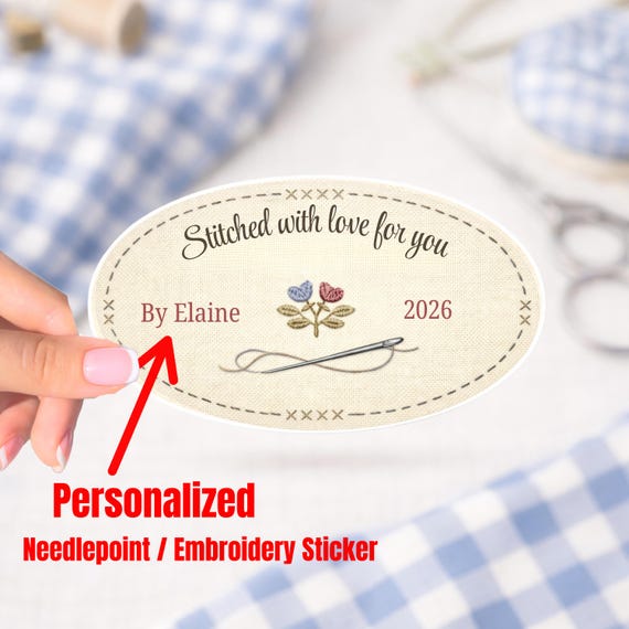 Personalized Needlepoint Embroidery Sticker, Stitched With Love Sticker Handmade Finishing Label for Framed Needlework Stitcher Keepsakes