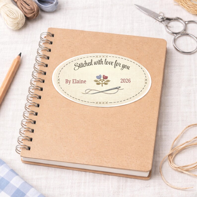 Puede incluir: Un cuaderno con espiral de tapa marr&oacute;n claro. Una pegatina ovalada en la portada dice "Stitched with love for you" con ilustraciones florales y de aguja. El texto "By Elaine 2026" tambi&eacute;n est&aacute; en la pegatina. Suministros de costura en el fondo.