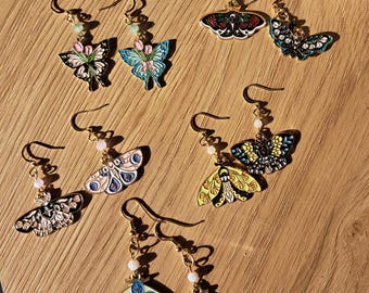 Moth Earrings Gold, Vintage Moth Dangle Earrings, Beaded Butterfly Jewelry, Cottagecore Fairy Earrings, Handmade Gift for Her