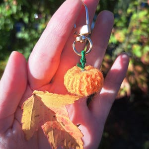 Könnte beinhalten: Ein orangefarbener Kürbis-Schlüsselanhänger aus Garn mit einem grünen Stiel und einem goldfarbenen Verschluss. Ein gelb-oranges Blatt liegt in einer Hand, mit einem verschwommenen grünen Hintergrund.