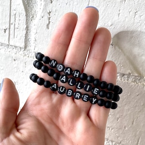 Matte black bead name bracelet, black bead stretch bracelet with name, black letter beads