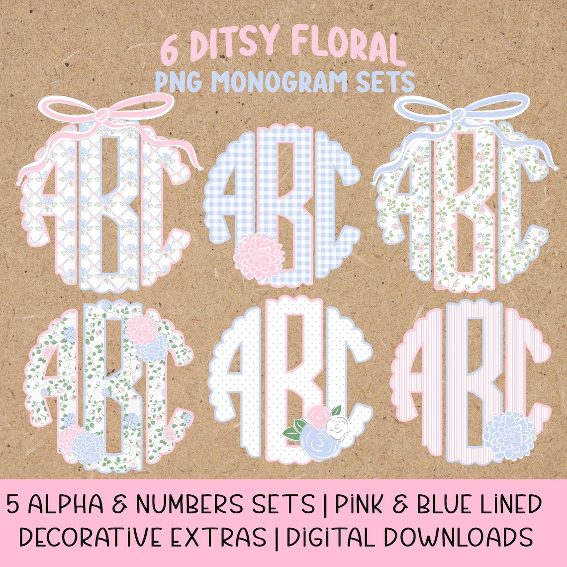 Ditsy Floral Grandmillennial Monogram PNG Pack | 6 Preppy Alphabet Sets ...