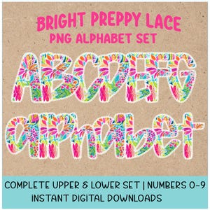 Bright Preppy Lace Trim PNG Alpha Set | Floral Alphabet PNG | Summer Alpha Set | Sublimation Design | Preppy Alphabet | Lace Design