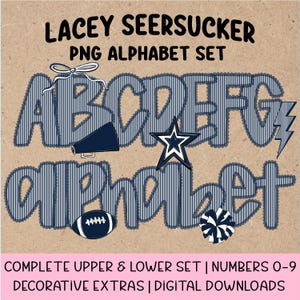 Op de afbeelding: Een digitale PNG-alfabetset met een seersucker-ontwerp. De letters A t/m G worden weergegeven, samen met een megafoon, ster, bliksem, voetbal en pompon. De tekst luidt "LACEY SEERSUCKER PNG ALPHABET SET".