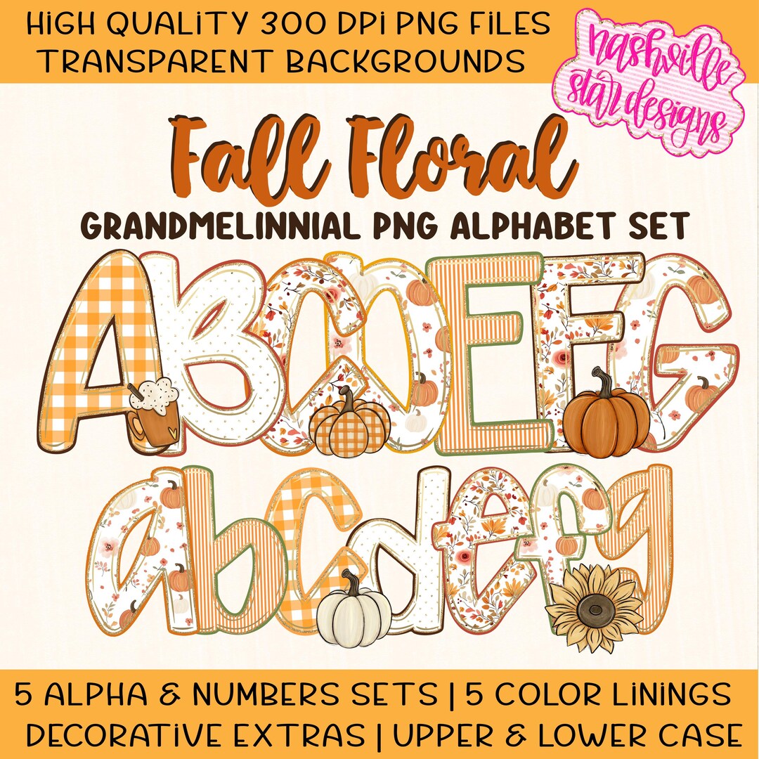 Fall Alphabet PNG Bundle | 5 Grandmillennial Floral & Gingham Pumpkin ...