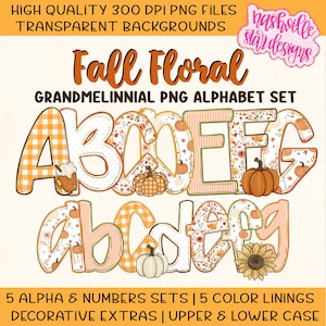 Fall Alphabet PNG Bundle | 5 Grandmillennial Floral & Gingham Pumpkin Alphas | Coquette Monogram, Aesthetic Preppy Font PNG Clipart