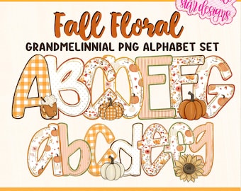 Fall Alphabet PNG Bundle | 5 Grandmillennial Floral & Gingham Pumpkin Alphas | Coquette Monogram, Aesthetic Preppy Font PNG Clipart