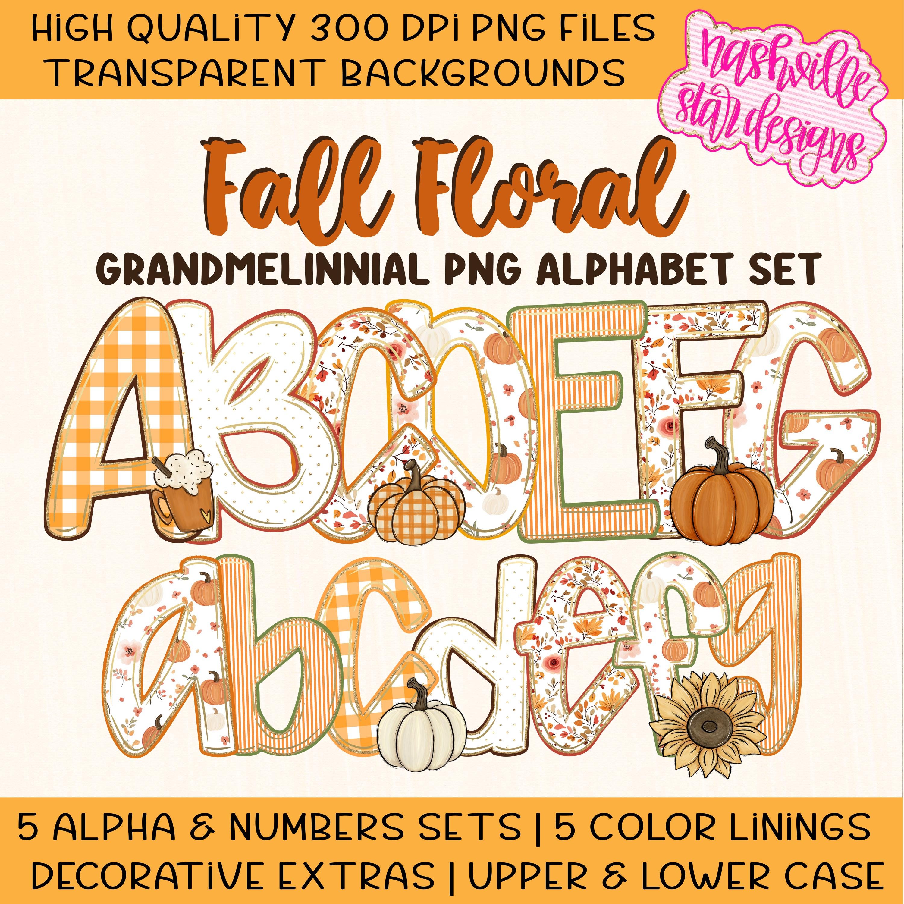 Fall Alphabet PNG Bundle | 5 Grandmillennial Floral & Gingham Pumpkin ...