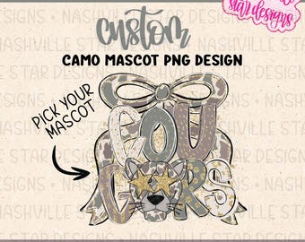 Custom Camo Mascot PNG | School Spirit Team Shirt | Tigers, Lions, Eagles, Wildcats | Game Day PNG | Preppy Bow Cheer PNG
