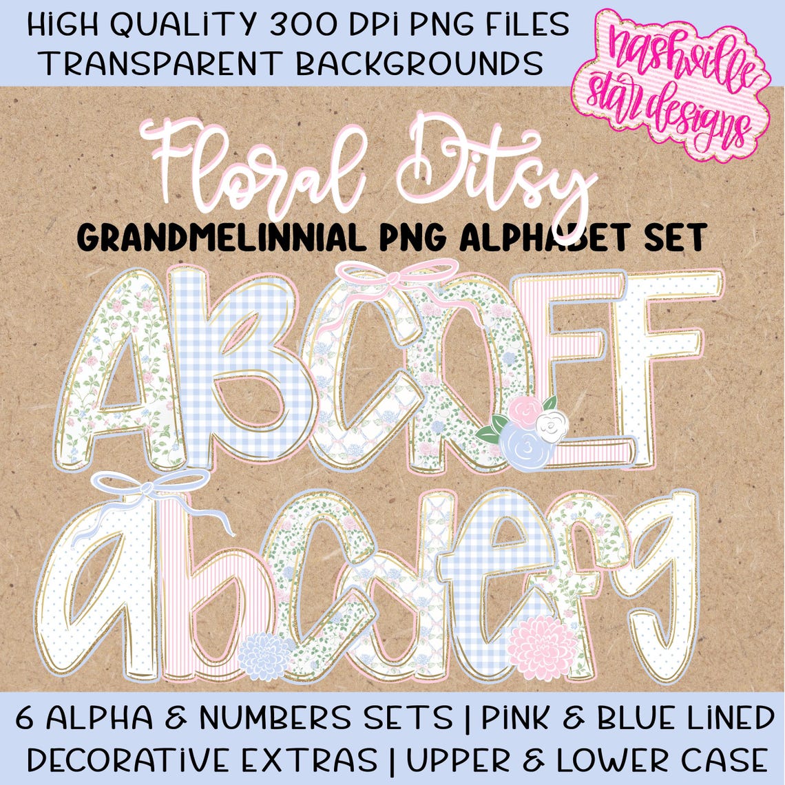 Grandmillennial Floral Alphabet PNG Bundle | 6 Upper and Lowercase ...