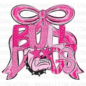 May include: A pink and silver graphic design featuring the word "BULLDOGS" with a bulldog wearing star-shaped sunglasses. The design includes a large bow and various patterns.