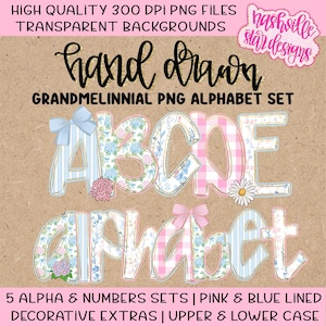 Hand Drawn Grandmillennial Alphabet PNG | Preppy Floral & Gingham Alpha Set | Uppercase and Lowercase Hydrangea Letters | Digital Download