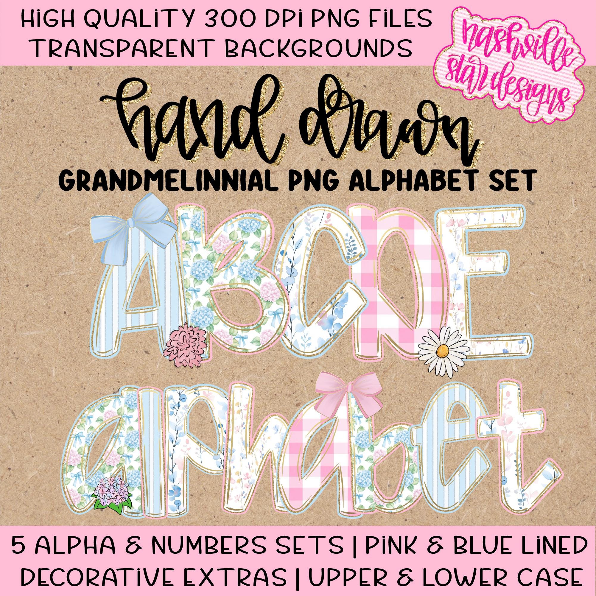 Hand Drawn Grandmillennial Alphabet PNG | Preppy Floral & Gingham Alpha ...