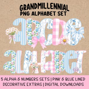 Grandmillennial Alphabet PNG | Preppy Floral & Gingham Alpha Set | Uppercase and Lowercase Hydrangea Letters | Whimsical Digital Download