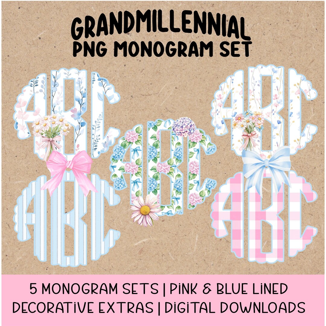 Grandmillennial Monogram PNG | Preppy Floral & Gingham Alpha Set ...