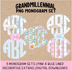Grandmillennial Monogram PNG | Preppy Floral & Gingham Alpha Set | Uppercase and Lowercase Hydrangea Letters | Whimsical Digital Download