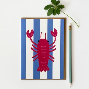 Hummer Grußkarte / Blau Weiße Streifen / Verspielt Spaß Meer / Strand / Skurril und Einzigartig / Geburtstagskarte / Handgemacht / Maritimer Stil