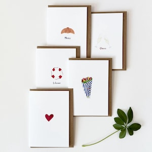 Cute Thank You Card Variety Pack of Five / Mini Thank You Notes / Cheers, Lifesaver, Merci Croissant, Flowers, Heart / Minimalistic Design