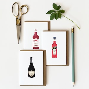 Paquete variado de 3 / Cóctel, champán, spritz / Tarjeta de felicitación minimalista / Mini tarjeta de agradecimiento / Comida y bebida divertidas y originales / Impresión artística de tarjeta