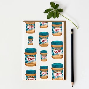 "Erdnussbutterdose im retro design ""Essen"" Aquarell Kunst Aquarell Kunst in höchster Qualität Foodie Grußkarte, einzigartig, innen leer."