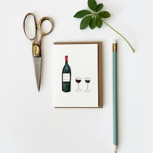Wenskaart rode wijn en glazen / kleine minimalistische kaart / Bedankkaart / Boho-drankjeskaart / Minikaart / Gezellige aquarelkunstkaart