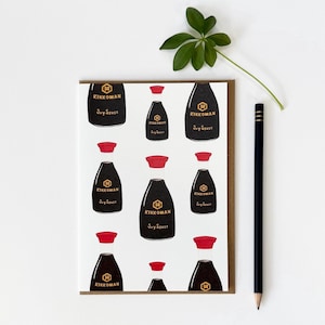 Cartão de felicitações de comida asiática com molho de soja / Design divertido e peculiar / Arte em aquarela pintada à mão / Cartão para chef / Cartão de aniversário para gourmets / Condimento