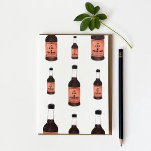 Cartão de felicitações com molho para cozinhar / Cartão artesanal em aquarela com comida peculiar / Cartão de felicitações para amantes da gastronomia / Design divertido retrô / Cartão de alta qualidade