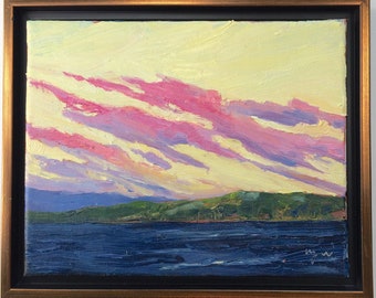 Pink Sunset, Framed 8" x 10" x .75" original oil painting. Landscape painting. Sunset painting. Sky. Yvonne Wagner. Free Shipping to USA.