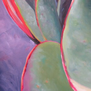 May include: Close-up of an abstract painting featuring large, rounded green shapes with vibrant red edges. The background is a blend of purple and dark gray hues, creating a striking contrast. The artwork evokes a sense of organic forms and bold color play.
