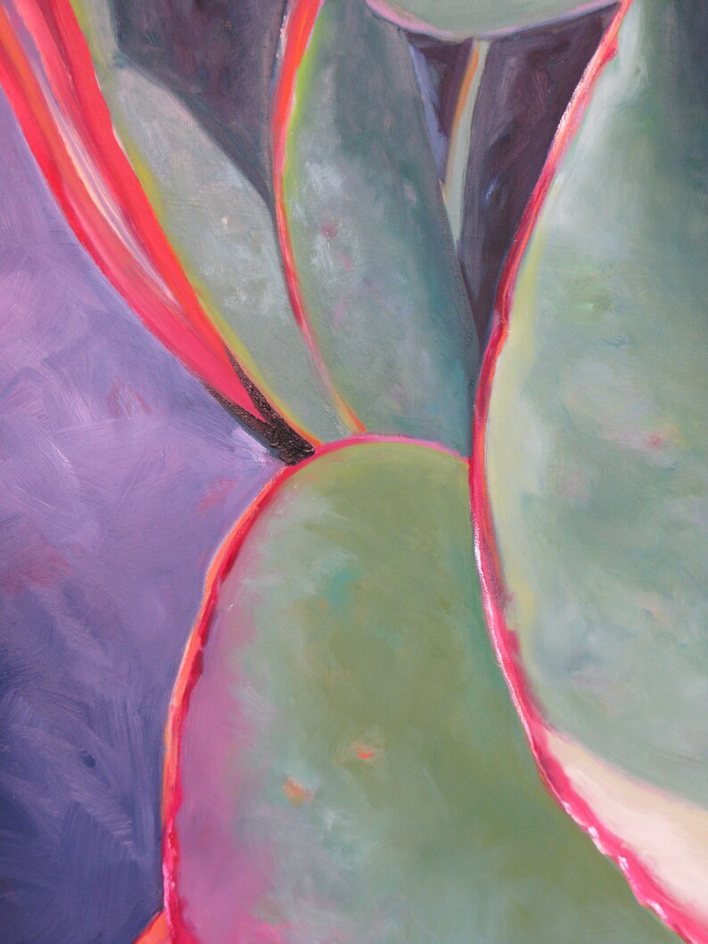 May include: Close-up of an abstract painting featuring large, rounded green shapes with vibrant red edges. The background is a blend of purple and dark gray hues, creating a striking contrast. The artwork evokes a sense of organic forms and bold color play.