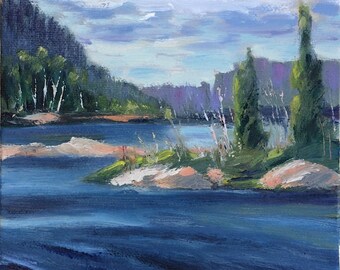 Pintura al óleo de la Isla de Picnic: Arte paisajístico original enmarcado (6x8)
