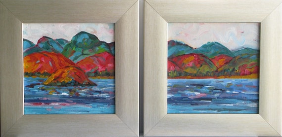 Landscape I & II. Season Sale. Two framed original 8" x 8" oil paintings. Silver Frame. Framed landscapes. 11.5" x 11.5". Yvonne Wagner.