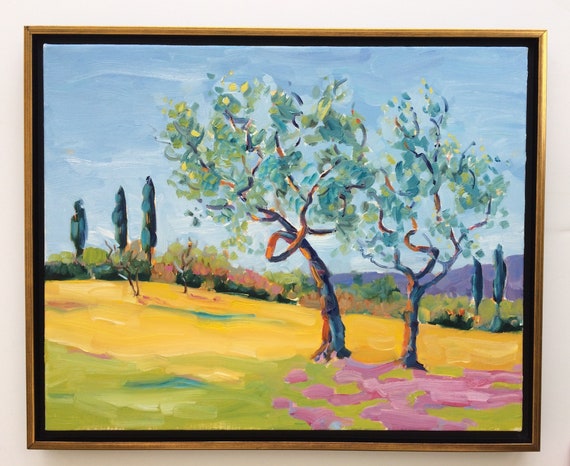 Olive Trees, Season Sale. 16 x 20" original oil painting. Framed Italian Landscape. Floater frame. Yvonne Wagner. Ships Free to USA.