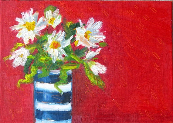 Pretty Daisies. Season Sale. Oil Framed 5" x 7" painting on canvas panel. Yvonne Wagner. Framed original oil. Free Shipping to USA.