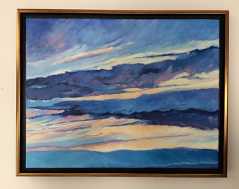 Contemplation, 18" x 14" Framed original oil painting on stretched canvas. Sky painting. Sunset painting. Yvonne Wagner. Ships free to USA.