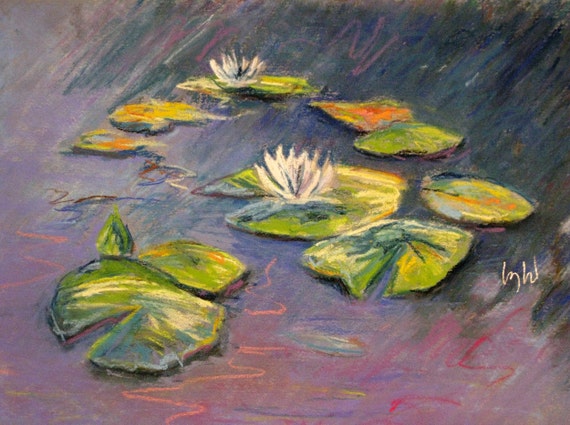 LILY POND, framed original oil pastel painting on paper. Framed pastel painting. Water lilies. Lily Pond. Free Shipping within the USA.