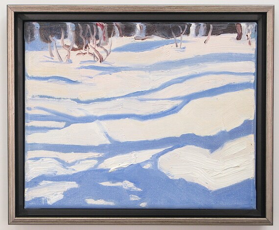 Through the Woods, Seasonal Sale. Framed original oil painting. Winter. Shadows. Snow. 8" x 10".  9.5" x 11" framed. Ships Free to USA.