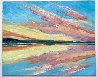 SKY RIBBONS, Season Sale. Original 8" x 10" oil painting on canvas panel. Sunset painting. Gift. Yellow sky. Free Shipping to USA.