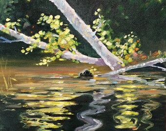 Birch Reflections, Original 8" x 10" oil painting on canvas panel. Birch trees. Yvonne Wagner. Framed. Ships free to USA.