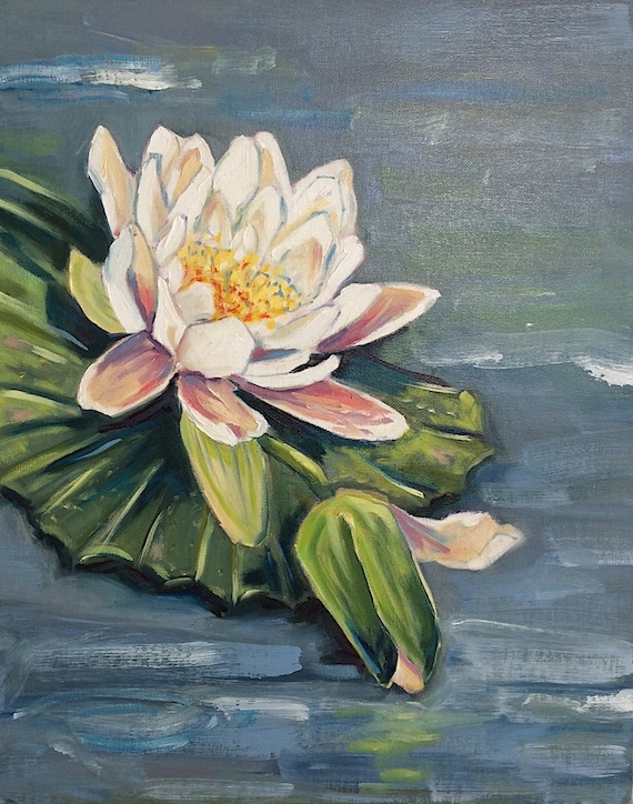 White Water Lily.  16 x 20 inches, unframed original oil on canvas board. Not Framed. Lily Pond. Water Lily. Free Shipping to USA.