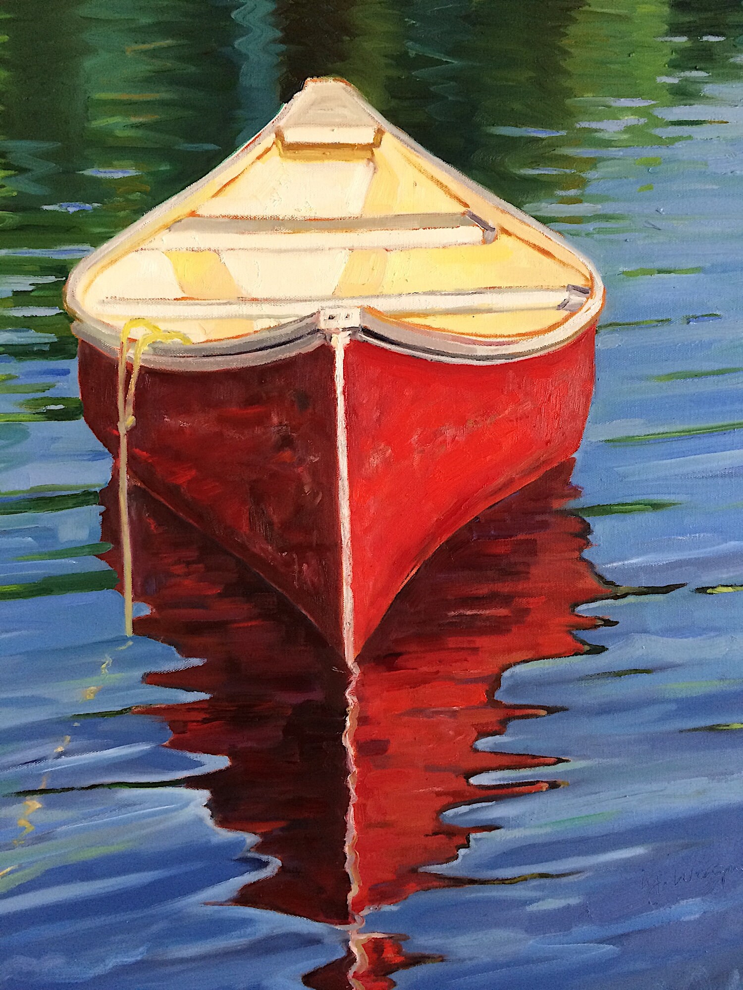 Looking Forward, original oil painting. 24 x 30 x 1.5. Red Canoe. Boat